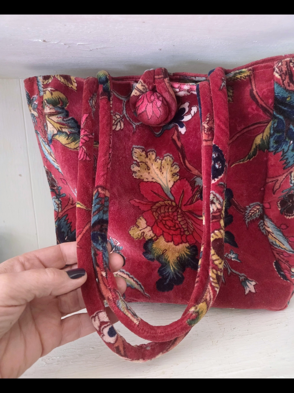 Red Floral Velvet Tote Bag - Picture 2 of 13